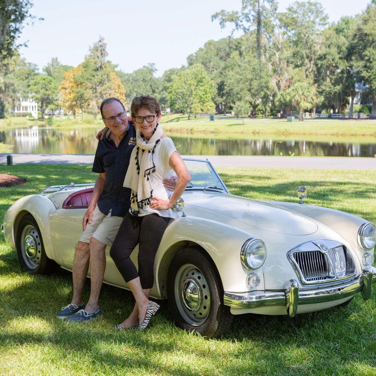 Melon Doris and her husband Ken with their 1962 MG in Beaufort, S.C.