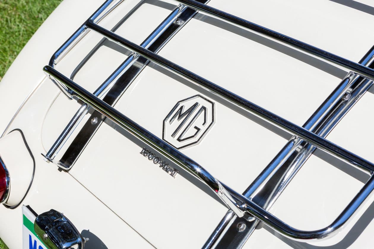 The vehicle's luggage rack sits atop the MG logo