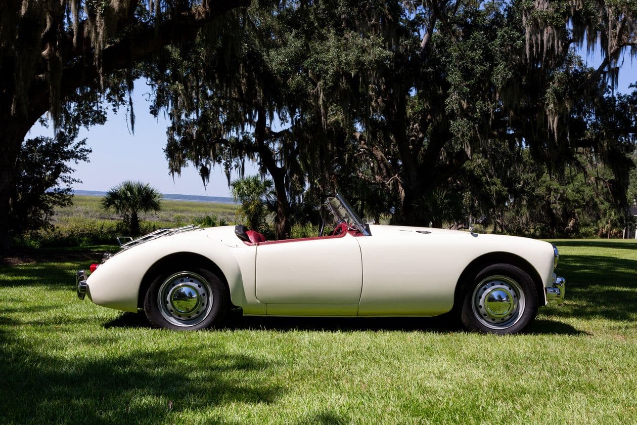 MG MGA side profile under Spanish moss trees